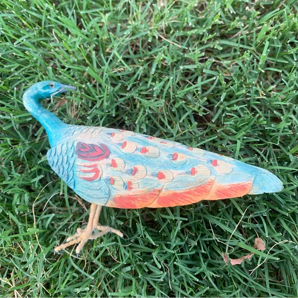 Bird Carved Colorful Wood Peacock Bird Figurine Vintage Decor